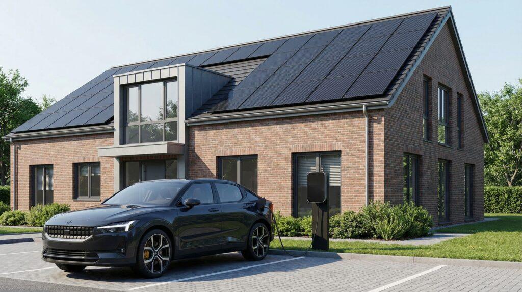 E-Auto lädt vor einem eigenheim mit Solaranlage