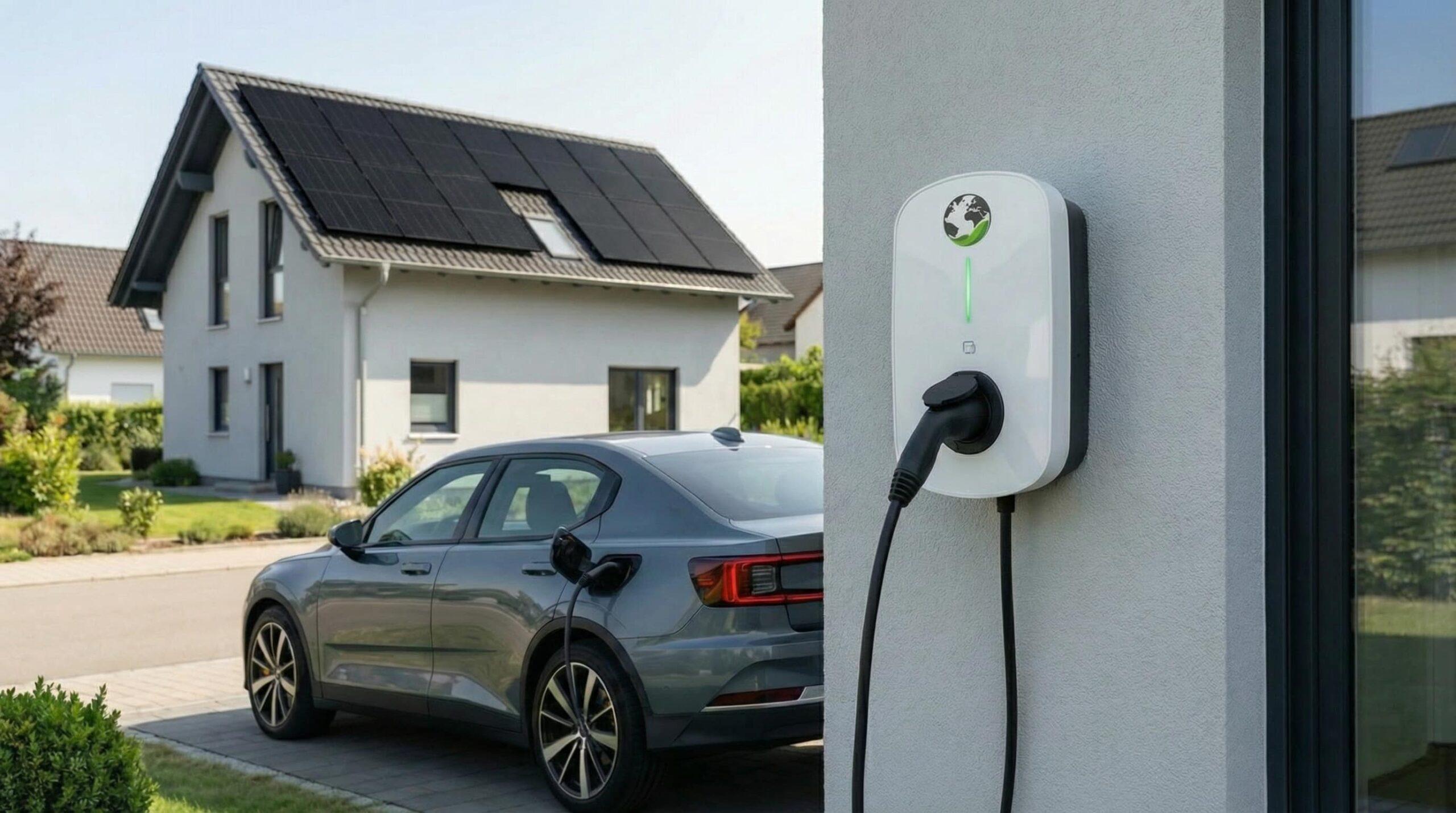 E-Auto lädt an einer Wallbox eines Einfamilienhauses an der Fassade prev-end