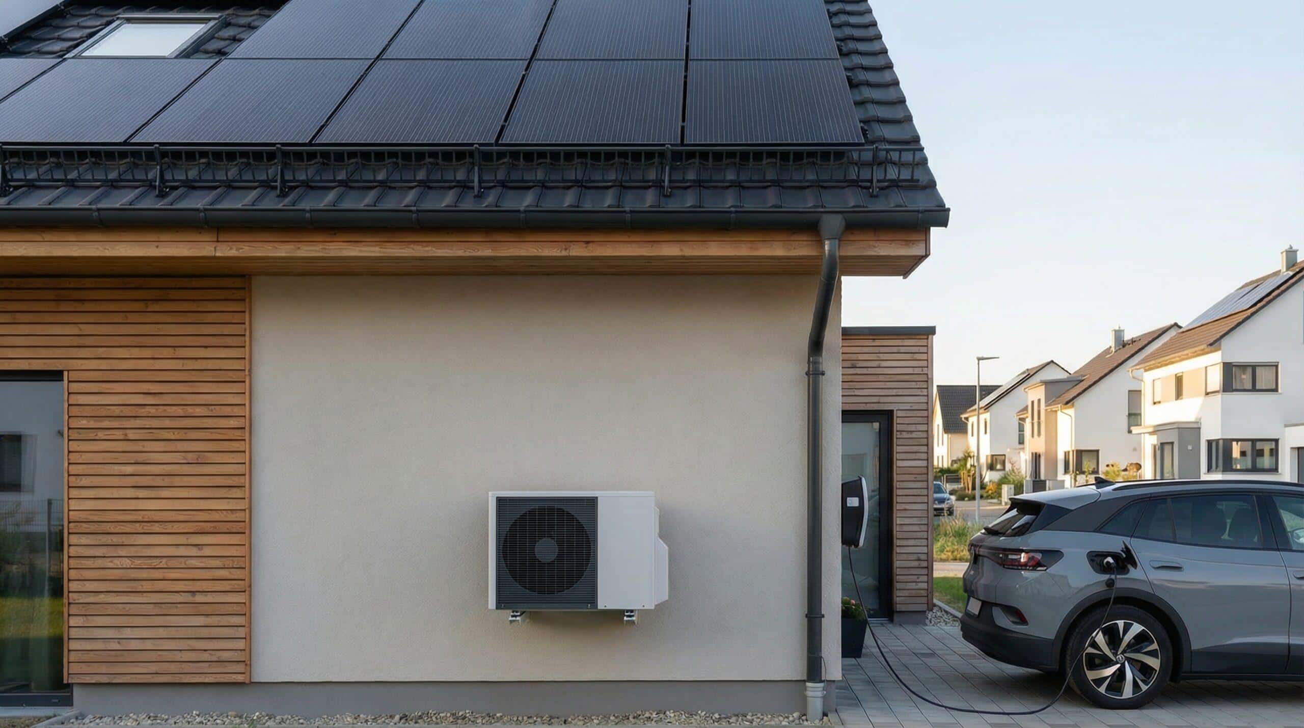 Klimaanlage an einem Haus mit einer Solaranlage von prev-end.