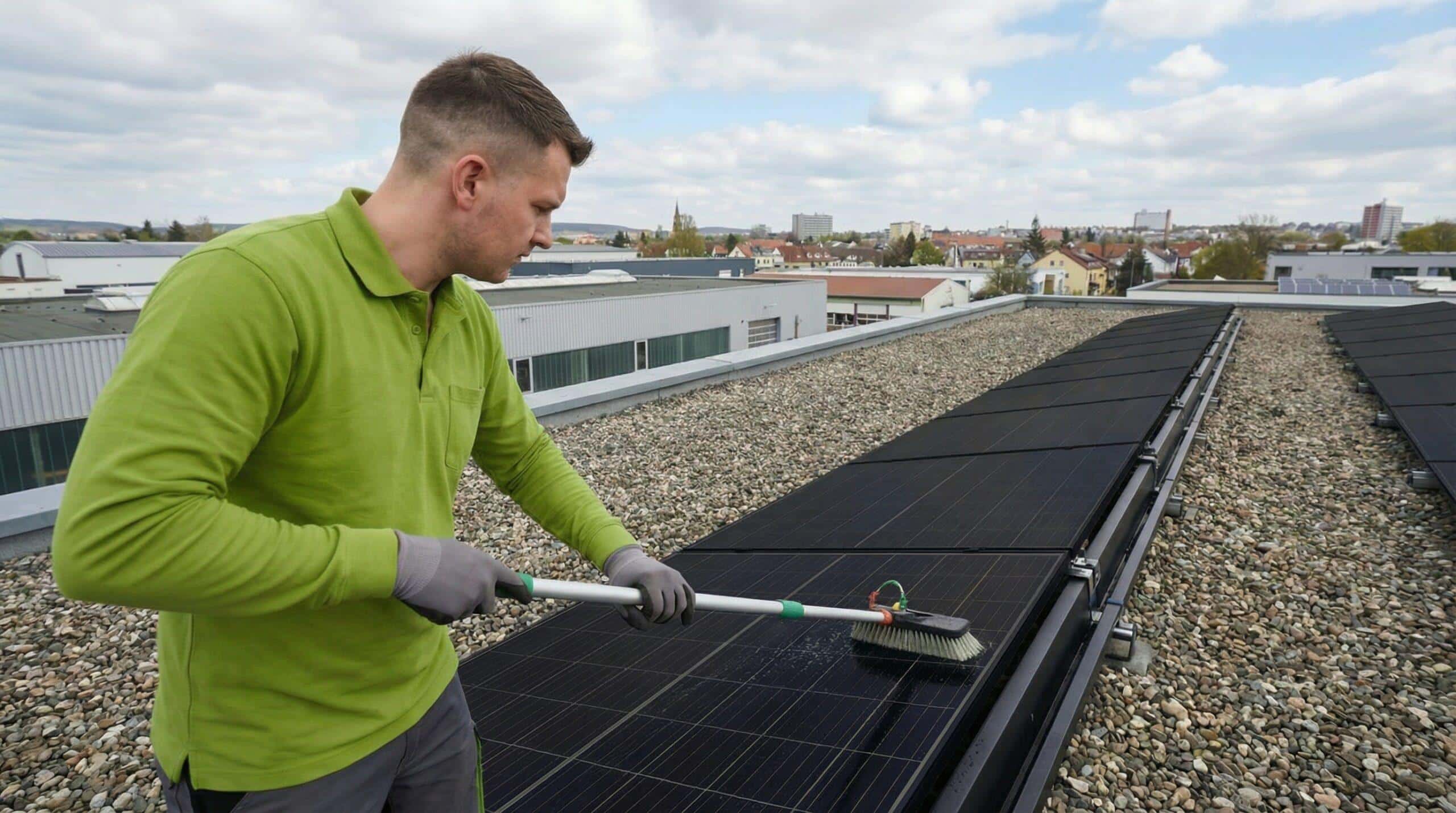 prevend mitarbeiter reinigt solarpanele auf einem flachdach eines unternehmens