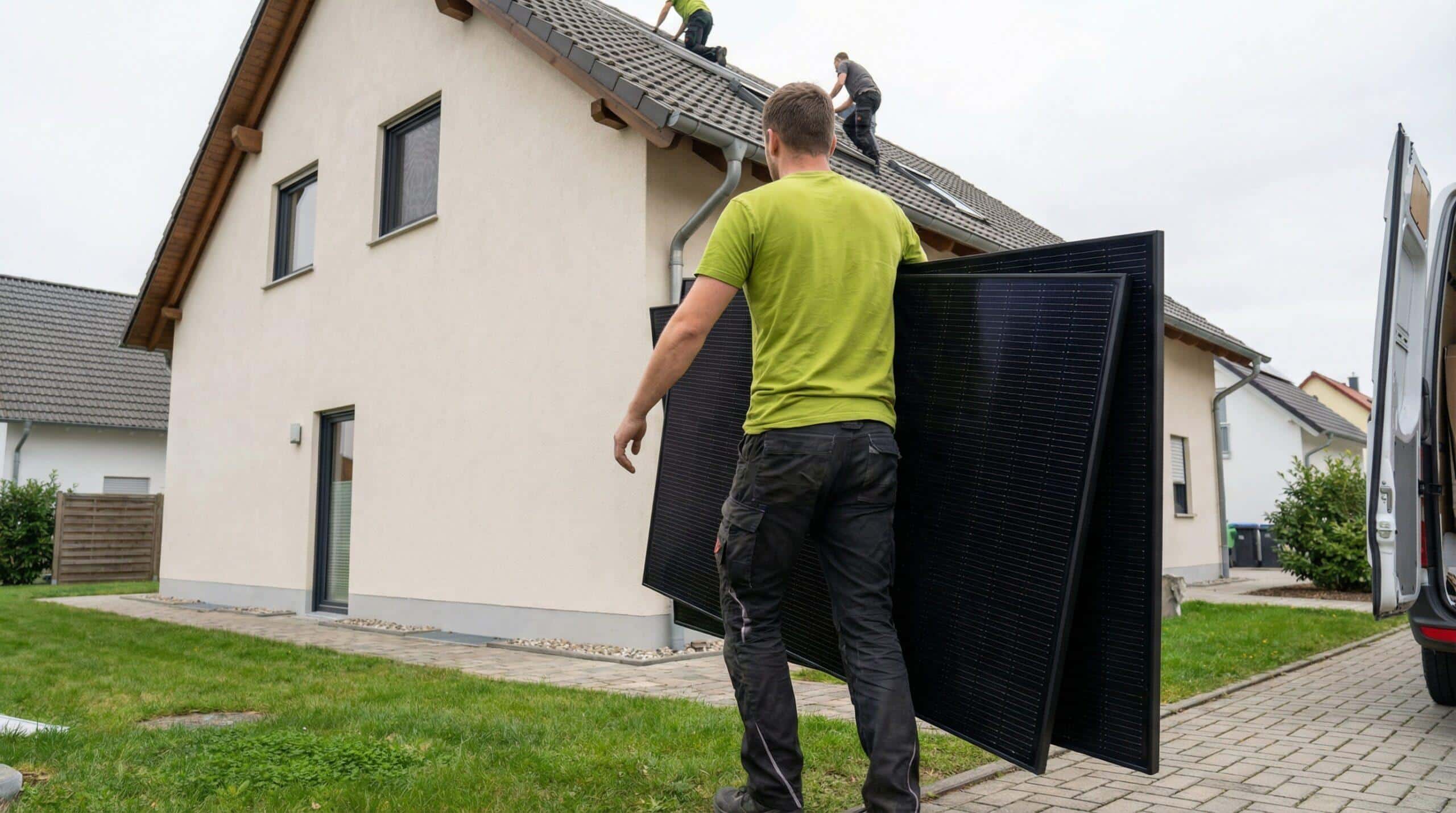Mitarbeiter trägt Solarmodule zum Dach von prev.end