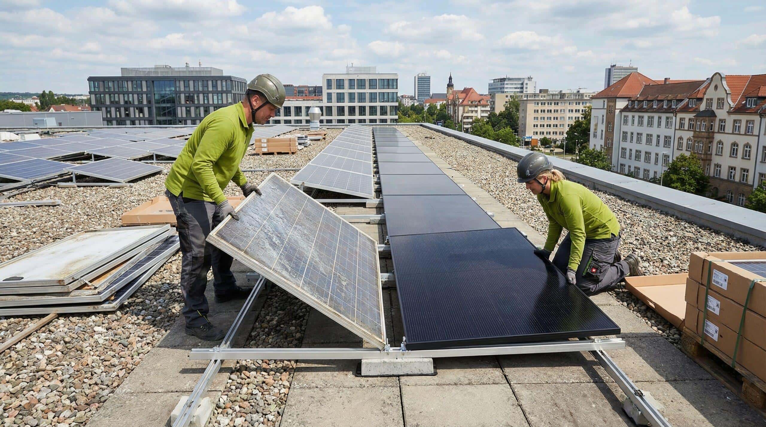 prevend mitarbeiter tauscht alte solarpanele gegen neue solarpanele aus auf einem flachdach