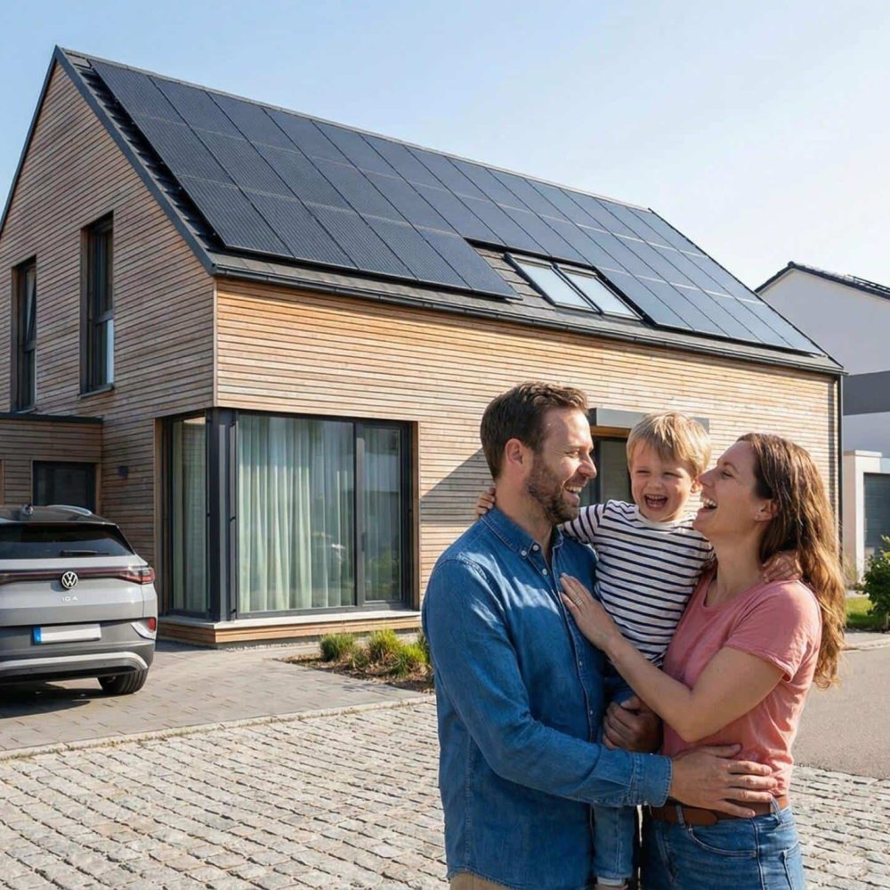 glückliche famile vor einem einfamilienhaus mit photovoltaik von prev-end