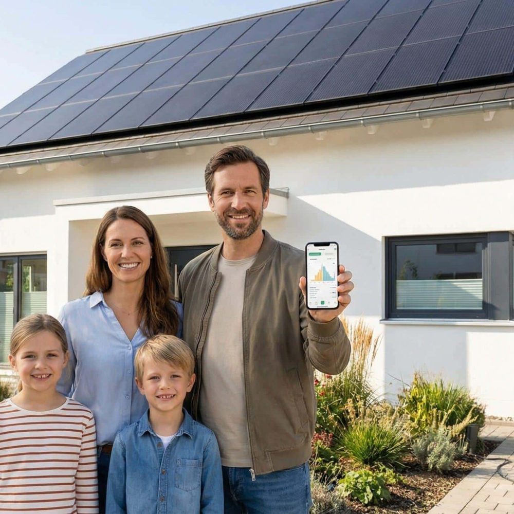 Familie vor Einfamilienhaus mit dynamischen Stromtarif