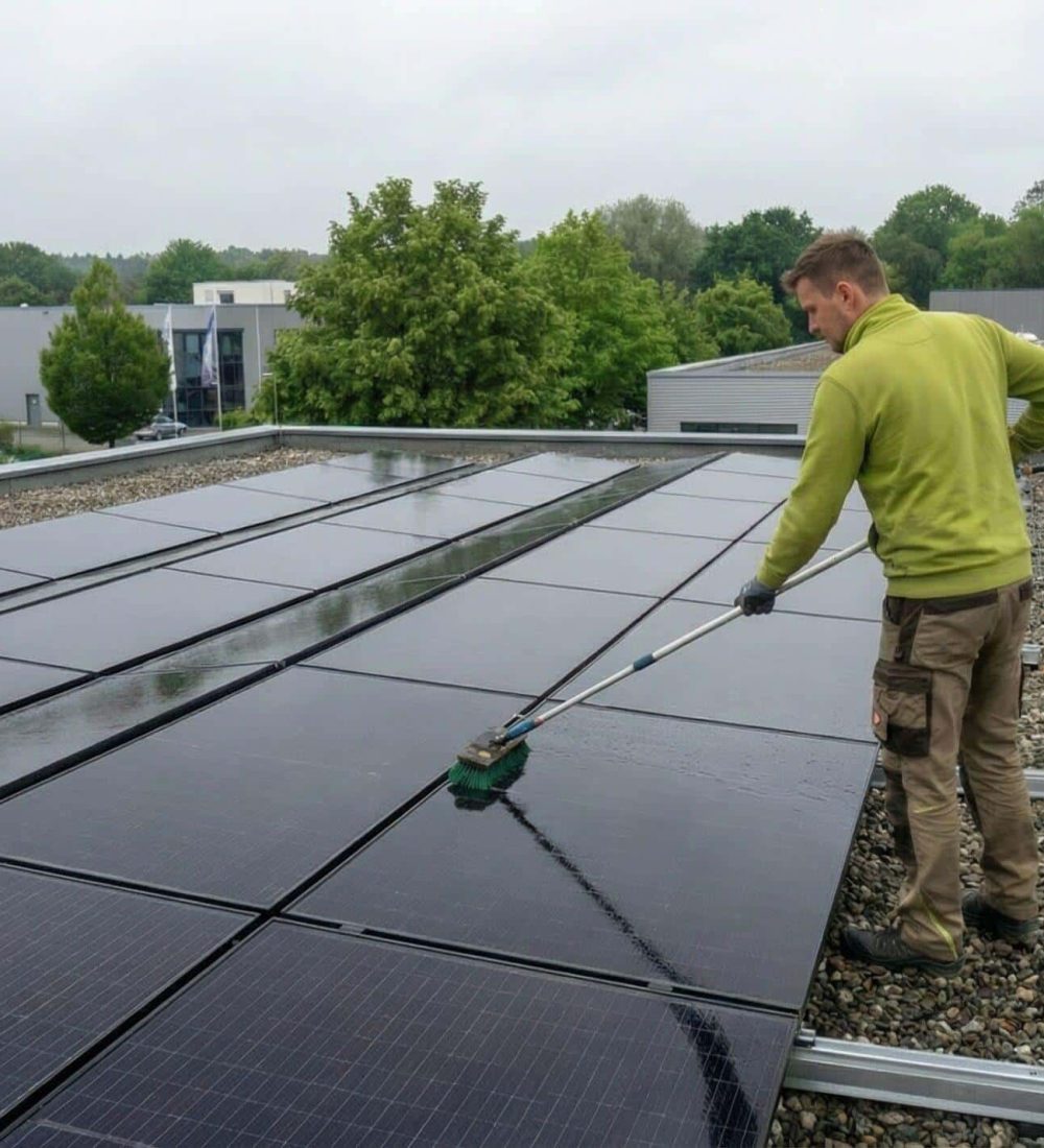 prevend mitarbeiter reinigt solarpanele auf einem flachdach einer Firma