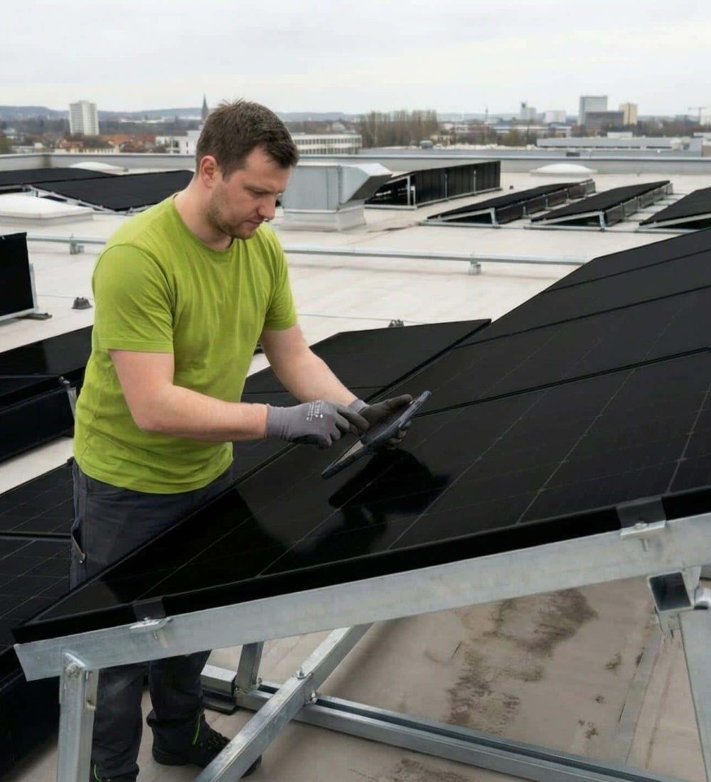 prevend mitarbeiter wartet solaranlage auf einem flachdach von einem gewerbekunden